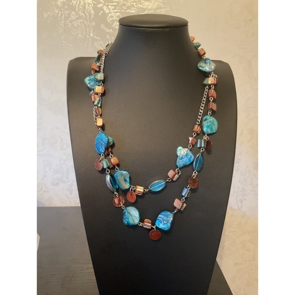 Boho Chic Blue & Brown Beaded Chunky Statement Necklace - Picture 1 of 4